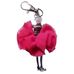 Charm Doll Purse Tassel Key Chain Necklace Pendant White Pearl Red Skirt